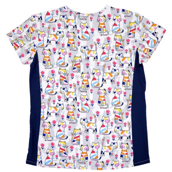 Cat Print V-Neck Microfiber Scrub Top with Stretch Side Panels - Picture 2 of 8